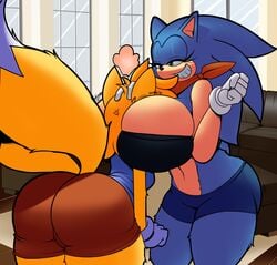 2017 2girls angry anthro ass big_breasts big_butt black_nose blue_fur bottom_heavy breast_smother breasts cameltoe canine clothing dat_ass denizen1414 dipstick_tail english_text female fox friendly_flirtation fur green_eyes hedgehog hi_res huge_breasts huge_butt mammal multicolored_tail multiple_girls navel rule_63 scarf small_breasts smile sonic_(series) sonic_the_hedgehog superbunnygt tails text thick_thighs video_games white_fur window yellow_fur yuri