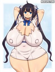 1girls big_breasts black_eyes black_hair blue_eyes cleavage dungeon_ni_deai_wo_motomeru_no_wa_machigatteiru_darou_ka erect_nipples female female_only hands_behind_head hestia_(danmachi) large_breasts looking_at_viewer matospectoru nipple_bulge sagging_breasts shiny_skin solo solo_female solo_focus sweat sweatdrop sweaty thick_thighs thighs twintails wide_hips