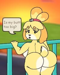 against_railing animal_crossing back_view big_ass chubby female female_only isabelle_(animal_crossing) nintendo pixel_art shortstack speech_bubble woahassahoy