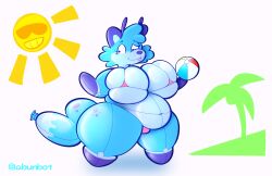 abunbot animate_inanimate anthro azule_(jiggledoggle) canid canine canis clothing digital_media_(artwork) domestic_dog female hi_res inflatable living_inflatable mammal pool_toy simple_background slightly_chubby slightly_chubby_female smile solo swimwear tail