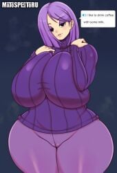 1girls big_breasts cameltoe duolingo eyelashes eyeshadow female female_only huge_breasts large_breasts lily_(duolingo) looking_at_viewer matospectoru purple_hair solo solo_female solo_focus sweater text thick_thighs thighs wide_hips