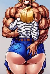 1boy 1girls ai_generated all_might android_18 ass ass_dough ass_grab athletic_male bbw bbw_mom booty_shorts crossover dragon_ball dragon_ball_z huge_ass huge_butt hyper_ass hyper_muscular imminent_sex male/female male_domination milf my_hero_academia round_ass round_butt wide_hips