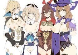 4girls absurdres amber_(genshin_impact) barbara_(genshin_impact) belt black_belt black_gloves blonde_hair blue_capelet blue_eyes blue_gemstone blue_skirt blush breasts breasts_out brown_gloves brown_hair brown_shorts capelet closed_mouth clothes_lift clothing_cutout colored_pubic_hair commentary cowboy_shot cross crossed_bangs detached_collar detached_sleeves dress e_sky_rugo elbow_gloves fat_mons female_only female_pubic_hair flower gem genshin_impact gloves goggles goggles_around_neck green_eyes grin hair_between_eyes hair_flower hair_ornament hair_over_shoulder hair_ribbon hat heart heart-shaped_pupils highres hood hooded_jacket inverted_nipples jacket jean_gunnhildr large_breasts latin_cross lifting_own_clothes light_brown_hair lisa_(genshin_impact) long_hair looking_at_viewer medium_breasts medium_hair micro_shorts multiple_girls nipples no_panties open_mouth pants pantyhose parted_lips pelvic_curtain ponytail pubic_hair purple_dress purple_flower purple_hat purple_rose pussy red_jacket red_ribbon red_thighhighs ribbon rose shorts shoulder_cutout shrug_(clothing) sidelocks simple_background skirt skirt_lift small_breasts smile standing sweatdrop symbol-shaped_pupils thigh_gap thighhighs tight_clothes tight_pants torn_clothes torn_pants torn_pantyhose torn_shorts twintails uncensored white_background white_dress white_hat white_pants white_pantyhose witch_hat