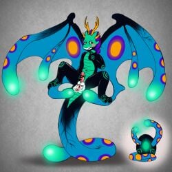 1:1 anthro antlers anus balls black_body blue_wings blush cuntboy dragon erection front_view full-package_cuntboy genitals green_body herm hermaphrodite hi_res horn humanoid_genitalia humanoid_pussy intersex looking_at_viewer male maleherm markings masturbation membrane_(anatomy) membranous_wings multi_genitalia mythological_creature mythological_scalie mythology orange_antlers orange_eyes orange_markings penile penile_masturbation penis pussy scalie solo spread_legs spreading wings yaoifairy