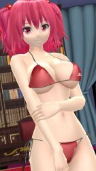 1girls 3d bikini bikini_bottom bikini_top character_name cleavage clothes_writing female female_only hair_bobbles hati_yukkuri_mmd holding_own_arm indoors komachi_onozuka large_breasts looking_at_viewer mmd navel onozuka_komachi red_bikini red_eyes red_hair solo touhou two_side_up