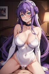 ai_generated blue_eyes cheating cheating_on_wedding_day cheating_wife cuckold faceless_male long_hair looking_at_viewer netorare ntr original original_character penetration penis penis_in_pussy purple_hair pussy sex unfaithful vagina vaginal_penetration vaginal_sex wedding_dress wedding_lingerie wedding_night wedding_veil