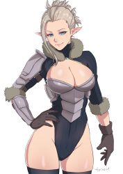 big_breasts blonde_female blonde_hair blue_eyes breasts ear_piercing ear_ring earrings elf elf_ears elf_female elf_girl female frostypersimmons gloves gradient_eyes leotard long_ears oc original original_character pointy_ears purple_eyes smile smiling solo solo_female thigh_highs thighhighs thighs