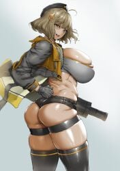 1girls anis_(nikke) ass belly big_ass big_breasts big_butt bonten breasts breasts_bigger_than_head female female_focus female_only goddess_of_victory:_nikke gun light-skinned_female light_skin looking_at_viewer looking_back looking_back_at_viewer short_hair short_hair_female short_shorts shorts thick_thighs thigh_strap thighs video_game_character weapon