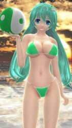 1girls 3d beach_ball blue_eyes character_name cleavage clothes_writing green_bikini green_hair hati_yukkuri_mmd kochiya_sanae large_breasts long_hair looking_at_viewer mmd navel outdoors sanae_kochiya solo touhou