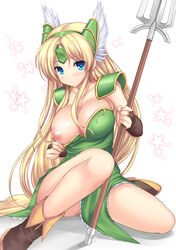 absurdres akino_hamo bare_chest blonde_hair blue_eyes blush breasts cleavage female gloves helmet highres large_breasts long_hair low-tied_long_hair nipples polearm riesz seiken_densetsu seiken_densetsu_3 shoulder_pads solo spear star trials_of_mana very_long_hair weapon winged_helmet