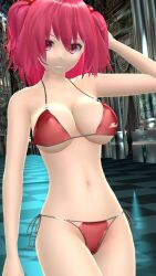 1girls 3d bikini bikini_bottom bikini_top character_name cleavage clothes_writing female female_only hair_bobbles hati_yukkuri_mmd komachi_onozuka large_breasts looking_at_viewer mmd navel onozuka_komachi outdoors red_bikini red_eyes red_hair revealing_clothes solo touhou two_side_up