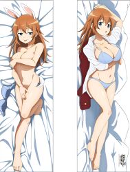 animal_tail ass_visible_through_thighs bare_arms bare_belly bare_legs bare_shoulders bare_thighs barefoot bed_sheet belly_button big_breasts blue_bra blue_eyes blue_panties blush bra breasts bunny_ears charlotte_e_yeager cleavage collarbone completely_nude covering_privates dakimakura dakimakura_design feet long_hair lying nude official_art open_mouth open_shirt orange_hair panties shiny_skin smile strike_witches thighs toes tongue tongue_out underwear underwear_only unworn_bra