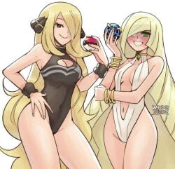 1milf 2024 2girls armwear beast_ball black_clothing black_eyes black_suit black_swimsuit blonde_female blonde_hair boob_window bracelet cynthia_(pokemon) duo female female_only green_eyes hair_between_eyes hair_over_one_eye holding_poke_ball hourglass_figure inner_sideboob instagram_link leotard light-skinned_female long_hair lusamine_(pokemon) milf poke_ball pokeball pokemon pokemon_dppt pokemon_sm thighs very_long_hair wanderjegson white_background white_clothing white_suit white_swimsuit