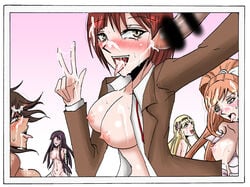 cum_on_body cum_on_breasts cum_on_face danganronpa danganronpa_3 gesture koizumi_mahiru orgy owari_akane sonia_nevermind straight_hair tsumiki_mikan v yukizome_chisa 矢塚家の長男