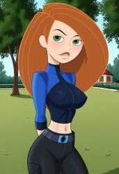 ai_generated arms_behind_back big_breasts cargo_pants civitai green_eyes jeans kim_possible kimberly_ann_possible large_breasts long_hair orange_hair small_waist tight_topwear