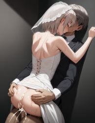 against_wall ai_generated bride cum_in_ass dress femboy implied_sex my_teen_romantic_comedy_snafu rtxfus totsuka_saika veil wedding_dress