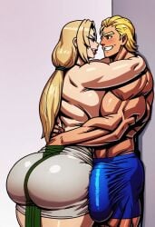 against_wall ai_generated ailurid all_might bbw crossovfor fit_femfit grabbing hugging male/female muscular_male my_hero_academia naruto_(series) naruto_shippuden pose tsunade