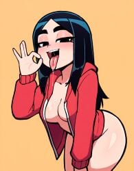 1girls ai_assisted ai_generated black_eyes black_hair bottomless center_opening fellatio_gesture hooded_jacket jacket leaning_forward losforry_custom nude_jacket open_jacket red_jacket saliva scott_pilgrim scott_pilgrim_takes_off solo stacey_pilgrim thick_eyebrows thighs tongue tongue_out