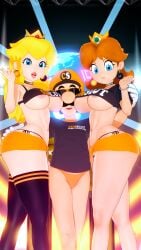 1boy 2girls 3d black_legwear blonde_hair blue_eyes bottomless bottomless_male breasts brown_hair clothing crown cumslut_(franchise) ear_piercing facial_hair female gloves human jockstrap kaoskatsu legwear light-skinned_female light-skinned_male light_skin looking_at_viewer luigi male mario_(series) moustache nintendo nipple_slip nipples open_mouth orange_jockstrap orange_shorts princess princess_daisy princess_peach royalty smiling sunglasses super_mario_bros. voluptuous voluptuous_female