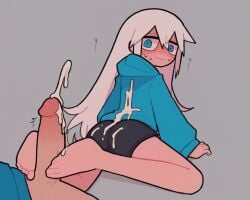 1girls accurate_art_style ai_generated animation_meme_community black_shorts blue_eyes blue_hoodie blush cum cum_on_ass cum_on_back cum_on_clothes cum_on_feet dubious_consent feet flat_chest flat_colors footjob from_behind fully_clothed highres hoodie ichika-chan iiiichimaru_03 long_hair looking_back loose_hair nervous orgasm osmondai shooting_cum shorts simple_background simple_shading stable_diffusion white_hair