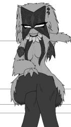 artist_logo choker crossed_legs fur meowscarada monochrome piercings pokemon pokemon_(species) scar_on_cheek self_upload sitting small_breasts tagme wide_hips