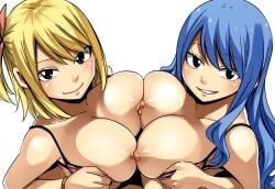 2girls big_breasts blonde_female blonde_hair blue_hair breasts brown_eyes fairy_tail female juvia_lockser lucy_heartfilia mullon nipples seductive seductive_look seductive_smile smile top_pull