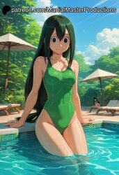 1girls ai_assisted ai_generated asui_tsuyu green_hair green_one-piece_swimsuit my_hero_academia one-piece_swimsuit one_piece_swimsuit patreon pool poolside standing submerged_legs swimsuit