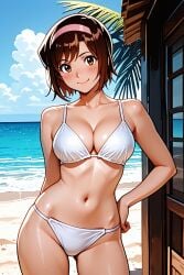 1girl ai-created ai_generated arm_behind_back bare_arms bare_shoulders beach bikini blue_sky blush breasts brown_eyes brown_hair cleavage closed_mouth cloud cloudy_sky collarbone contrapposto cowboy_shot day devilman female hairband hand_on_own_hip horizon large_breasts looking_at_viewer medium_breasts miki_makimura navel ocean outdoors palm_tree pink_hairband pixiv rena_aikawa_(pixiv_user) sand shiny_skin short_hair sky smile solo stable_diffusion standing stomach swimsuit tree water white_bikini