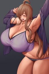 1girls armpits big_breasts bottomwear bra breasts brown_hair cinko cleavage closed_eyes clothing female female_only hair hair_over_one_eye huge_breasts kono_subarashii_sekai_ni_shukufuku_wo! large_breasts open_shirt panties purple_bra purple_shirt shirt solo solo_female thick_thighs thighs topwear wiz_(konosuba) yawn