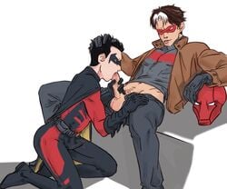 batcest batman_(series) blowjob dc dc_comics erection_under_clothes gay gay_blowjob hand_on_head jason_todd jaytim kneeling male male/male male_only oral oral_sex red_hood_(dc) red_robin robin_(dc) robin_(tim_drake) robin_(young_justice) tim_drake yaoi young_justice