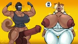 animal_genitalia animal_penis anthro areola balls belgian_tervuren big_areola big_balls big_breasts big_penis bottomless breasts clothed clothing commander_(commanderthings) commanderthings curvy_figure duo equine_genitalia equine_penis erection female genitals gynomorph hi_res huge_balls huge_breasts huge_cock hyper hyper_balls hyper_breasts hyper_genitalia hyper_penis intersex mask muscular penis tail the_finals thick_thighs topwear voluptuous wardrobe_malfunction