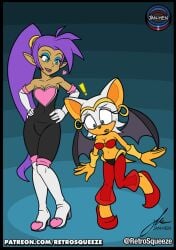 ! 2girls artist_logo bat_wings clothes_changed crossover earrings edit edited facebook fur hands_on_hips jan-hen patreon purple_hair retrosqueeze rouge_the_bat rouge_the_bat_(cosplay) sega shantae shantae_(character) shantae_(cosplay) sonic_(series) sonic_the_hedgehog_(series) tail wayforward