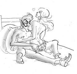 1boy 1girls ass back bed biting_lip breast_sucking breasts butt closed_eyes earrings female guarana_taravana human long_hair male mario_(series) monochrome nintendo panties pencil pillow princess_rosalina sideboob sitting straight stripping topless underwear waluigi