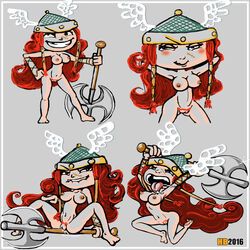 1girls axe barbara_(rayman) barbarian biting_lip biting_own_lip breasts female female_focus female_only hair headgear helmet hentai_boy human long_hair mostly_nude nipples nude pubic_hair pussy rayman_(series) rayman_legends red_hair simple_background smile smiling tongue tongue_out vagina weapon