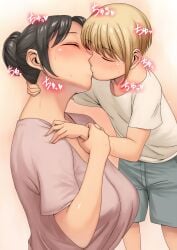 1girl1boy age_difference big_breasts big_breasts blonde_hair blush closed_eyes cute dark_hair kissing love lovers mother mother_and_child mother_and_son passionate_kiss pink_shirt size_difference son white_shirt