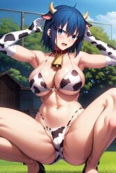 1girls ai_generated bikini blue_eyes blue_hair ciel ciel_(tsukihime) collar cow_costume cow_print cow_print_bikini day facing_viewer fate/grand_order fate_(series) female full_body large_breasts looking_at_viewer male_pov melty_blood nai_diffusion outdoors pov short_hair slutty_outfit solo squatting stable_diffusion tsukihime type-moon