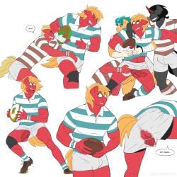 anthro balls black_hair blonde_hair blood bodily_fluids bulge clothing dialogue earth_pony english_text equid equine friendship_is_magic genitals group hair hasbro hi_res hitch_trailblazer_(mlp) horse king_sombra_(mlp) male male_only mammal mlp_g5 my_little_pony nosebleed penis pony rugby rugby_ball rugby_uniform shallowwin size_difference sprout_cloverleaf_(mlp) text torn_clothing trio turquoise_hair umbrum wardrobe_malfunction