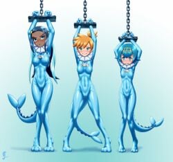 2020s 2024 3_bodysuits 3girls alternate_costume alternate_version_at_source alternate_version_available angry aozame_takao arms_above_head arms_tied arms_tied_above_head blue_background blue_bodysuit blue_clothing blue_eyes blue_rubber blue_tail bodysuit bondage breasts cameltoe clothed clothing english_text eyes female female_focus female_only game_freak hair human human_only kasumi_(pokemon) lana_(pokemon) navel_line nessa_(pokemon) nipple_bulge open_eyes page_5 png pokemon pokemon_(cosplay) pokemon_sm pokemon_ss pokesuit rubber rubber_clothing rubber_suit shiny_clothes signature skinny standing sweat sweating tail text tight_clothing vaporeon_(cosplay) worried