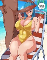 1boy absurd_res beach beach_chair bent_elbows blue_eyes blue_hair blue_sky breasts chair clavicle cleavage clenched_teeth clothed_female clothed_female_nude_male clothing cloud curvaceous dark-skinned_male dark_skin day double_v dragon_ball dragon_ball_z duo english_language english_text erection female grin hand_on_another's_head hand_on_hip hands_up head_out_of_frame heart hi_res high_resolution highleg highleg_swimsuit interracial knees_together large_breasts large_penis light-skinned_female long_penis looking_at_viewer male maron medium_hair ntr nude nude_male on_chair one-piece_swimsuit outdoor_nudity outdoors panarandom patreon_username penis penis_awe penis_over_eyes sitting sitting_on_chair sky smile speech_bubble spoken_heart standing swimsuit teeth testicles text thick_thighs thighs username v very_high_resolution w_arms water wide_hips yellow_swimsuit