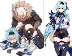 1boy 1girls 2koma ai_generated blue_hair dark-skinned_male defeat_sex defeated doggy_style eula_(genshin_impact) genshin_impact hilichurls_(species) instant_loss_2koma mask monster no_eyes sex sex_from_behind top-down_bottom-up