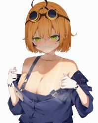 blonde_hair blush cleavage conductor_uniform dooby3d gloves goggles goggles_on_head green_eyes indie_virtual_youtuber jerboa jerboa_humanoid looking_at_viewer no_bra no_bra_under_clothes plain_background rieko sideboob smile strap_slip sweat sweaty_body tanline undressing virtual_youtuber white_background