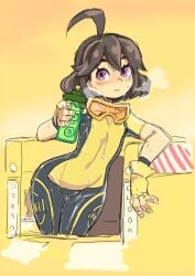 drinking mechanica_(arms) non-nude spandex sweaty tight_clothing wide_hips