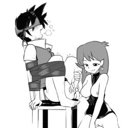 1boy 1girls aoi_(artist) assisted_masturbation barefoot black_hair black_shirt blush bondage bottomless bound_arms bound_legs bound_to_chair breasts breasts_exposed breasts_out breasts_out_of_clothes brown_hair chair chair_bondage clothing earrings erection exposed_breasts female femdom grayscale green_(pokemon) greyscale handjob heavy_breathing human human_only large_breasts leaf_(pokemon) licking_lips long_hair malesub masturbation monochrome nintendo nipples no_panties no_pants panties panties_on_face panties_on_head penis pokemon pokemon_adventures pokemon_frlg pokemon_rgby pussy red_(pokemon) shirt_collar sitting smile straight sweat tape tape_bondage taped_arms taped_legs taped_to_chair testicles trembling turtleneck turtleneck_dress