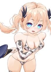 ahoge bikini blue_eyes blue_hat blush chaos_gerda_(gakuen)_(grimms_notes) cow_print cow_print_bikini female grimms_notes hand_on_own_chest kafsa3i long_hair looking_at_viewer open_mouth orange_hair salute simple_background smile white_background