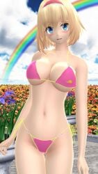 1girls 2023 3d alice_margatroid belly_button bikini blonde_hair_female blue_eyes blush breasts clavicle cleavage clouds flowers garden hati_yukkuri_mmd headband jpeg light-skinned_female looking_at_viewer mmd open_mouth outdoors pink_bikini rainbow short_hair_female sky swimsuit touhou waist