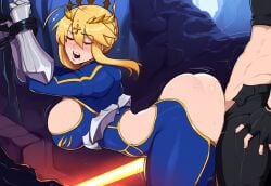 1boy ai_generated artoria_pendragon artoria_pendragon_(fate) artoria_pendragon_(lancer) big_breasts blonde_hair defeated dungeon fate/grand_order fate_(series) female moaning mullon muscular open_mouth rape sex thick_thighs top_heavy