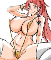 1girls areola_slip arm_up bikini blush erect_nipples female green_eyes hair hair_ornament hong_meiling huge_breasts long_hair looking_at_viewer nipple_bulge ponytail red_hair shiraue_yuu sitting smile solo spread_legs string_bikini swimsuit thighhighs touhou very_long_hair white_hair