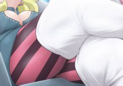 big_breasts blonde_female blonde_hair boots boruto:_naruto_next_generations boruto:_two_blue_vortex breasts cleavage close-up crossed_legs delta_(boruto) eeshin_(eishin5584) face_out_of_frame green_dress leggings legs_crossed low-angle_view naruto naruto_(series) sitting sitting_cross_legged sitting_on_chair thick_thighs thighs white_boots