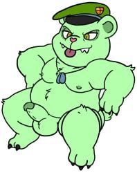 1boy 2021 anthro anthro_only balls ballsack bear bear_ears bear_tail chubby chubby_male claws color colored digital_drawing_(artwork) digital_media_(artwork) evil_eyes evil_smile flippy_(htf) fliqpy fur furry furry_male furry_only genitals green_balls green_eyes green_fur green_hat green_nipples green_penis happy_tree_friends hat male male_only mammal military_hat mondo_media nipples penis penis_out sharp_teeth simple_background sinribbons sitting sitting_down smile solo solo_male teeth testicles tongue tongue_out ursid ursine