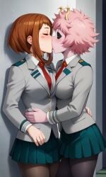 2girls ai_generated boku_no_hero_academia brown_hair hand_around_waist kissing light_skin mina_ashido my_hero_academia ochako_uraraka pink_hair pink_skin school_uniform surprise_kiss surprised_expression wide_eyed yellow_eyes yuri